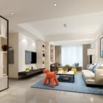 Modern living room featuring a pastel blue rug, neutral sectional sofa, vibrant orange decor, and open shelving.