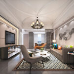 Elegant living room with intricate ceiling design, leather sofa, modern decor, and bright accents.