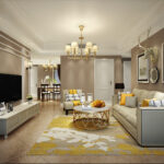 Living room with beige walls, yellow accents, gold chandelier, and modern classic furniture.