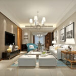 Living room with beige walls, yellow accents, gold chandelier, and modern classic furniture.