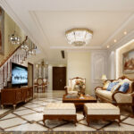 Traditional living room interior with handcrafted wooden furniture, chandeliers, and classic wall decor in warm tones.