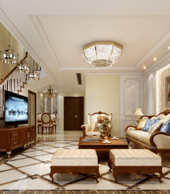 Traditional living room interior with handcrafted wooden furniture, chandeliers, and classic wall decor in warm tones.