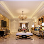 Luxurious living room with golden floral wallpaper, chandelier, plush sofa, marble flooring, and ornate furnishings.