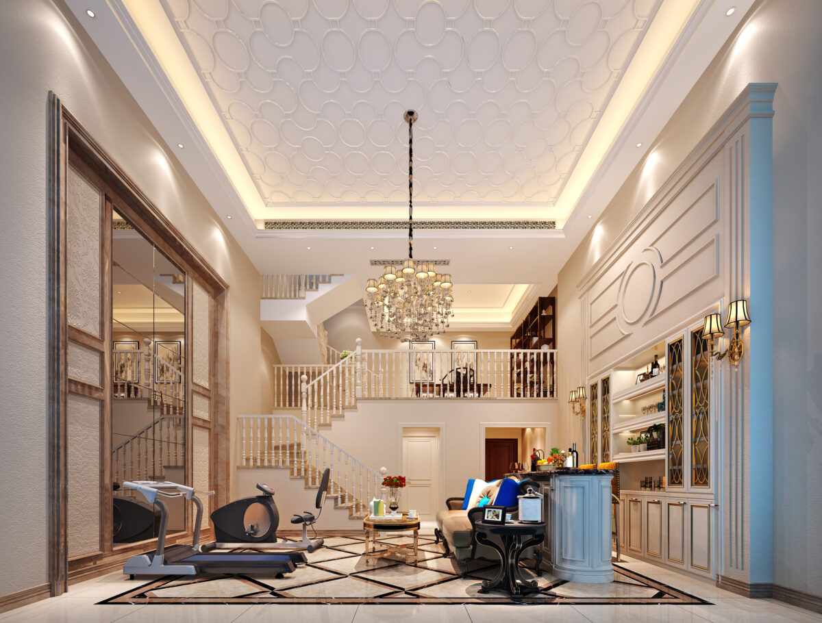 Modern living room with a patterned ceiling, chandelier, bar area, grand staircase, fitness equipment, and neutral tones