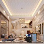 Modern living room with a patterned ceiling, chandelier, bar area, grand staircase, fitness equipment, and neutral tones