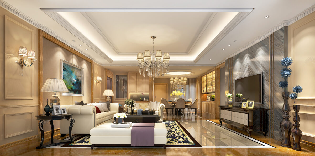 Open-plan living and dining room with crystal chandeliers, marble flooring, soft gold tones, and elegant furnishings