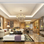 Open-plan living and dining room with crystal chandeliers, marble flooring, soft gold tones, and elegant furnishings