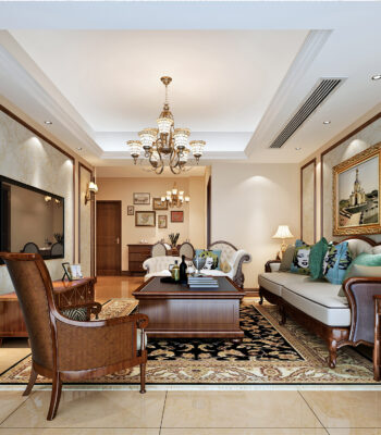 Classic living room with floral wallpaper, gold-accented furniture, and a stunning chandelier.