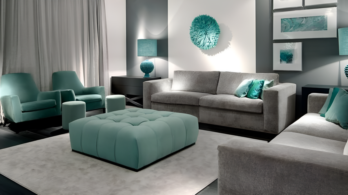 Modern grey sofa set with teal cushions, perfect for contemporary home decor.
