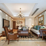 Premium living room interior with luxurious wooden furniture, chandeliers, and elegant decor in neutral tones.