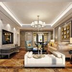 Luxury modern classic interior featuring tufted seating, chandelier lighting, marble finishes, and elegant wall paneling.