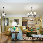 Cozy cottage-style living room with handcrafted cabinetry, pastel tones, and vintage-inspired decor.