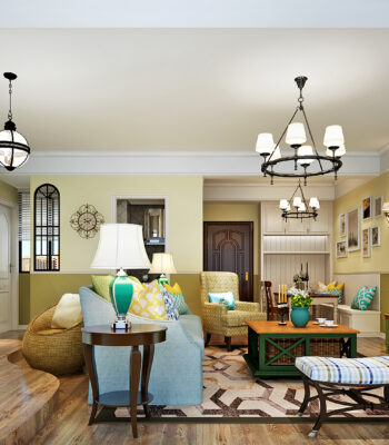 Cozy cottage-style living room with handcrafted cabinetry, pastel tones, and vintage-inspired decor.