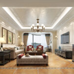 Elegant living room featuring vintage wall paneling, warm tones, plush seating, and a central chandelier