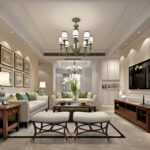 Modern minimalist living room with neutral tones, a chic chandelier, cozy seating, and stylish decor.