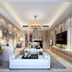 Contemporary living room featuring metallic wall art, a plush white tufted sofa, mirror-paneled walls, and a modern chandelier.