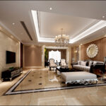 Luxurious living room with beige marble flooring, crystal chandelier, ornate furniture, and a feature wall
