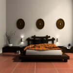 Zen platform bed with floating nightstands, geometric headboard, and a minimalist modern bedroom setup.