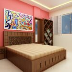 Wooden king bed with intricate geometric headboard and footboard, paired with a rich brown finish