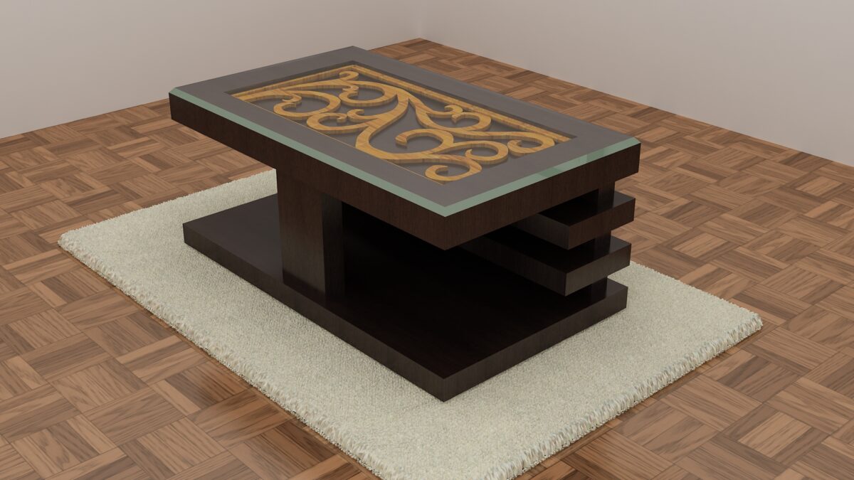 Wooden center table with artistic carved design under a tempered glass top, featuring a tiered structure on a plush rug.