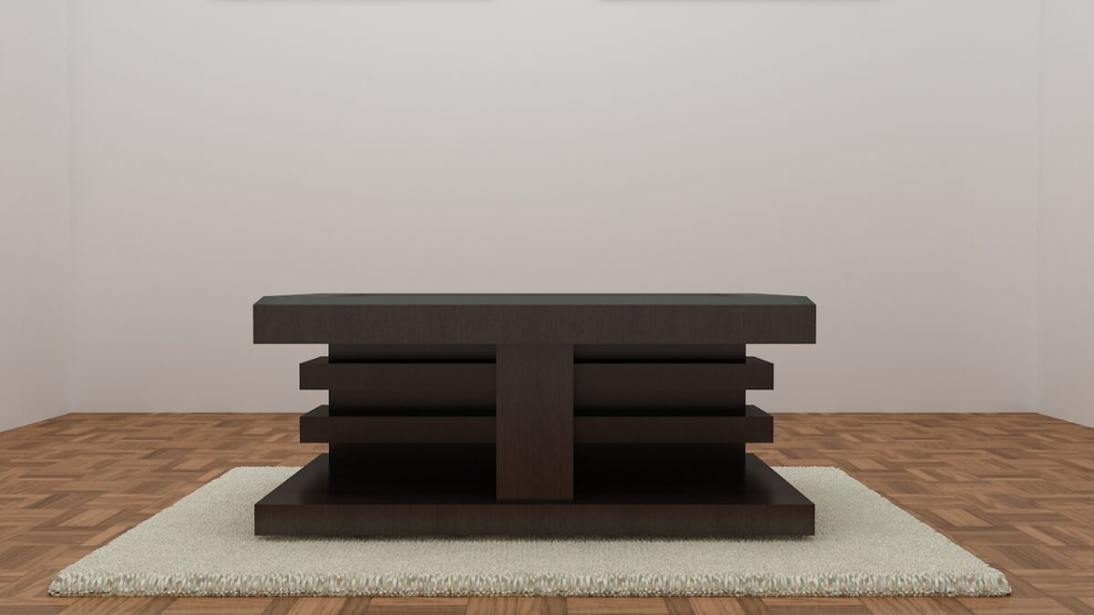 Wooden center table with artistic carved design under a tempered glass top, featuring a tiered structure on a plush rug