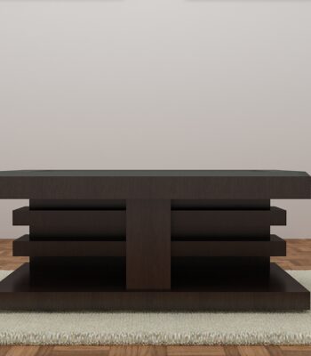 Wooden center table with artistic carved design under a tempered glass top, featuring a tiered structure on a plush rug