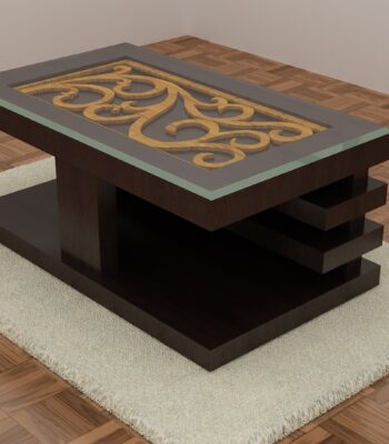 Wooden center table with artistic carved design under a tempered glass top, featuring a tiered structure on a plush rug.