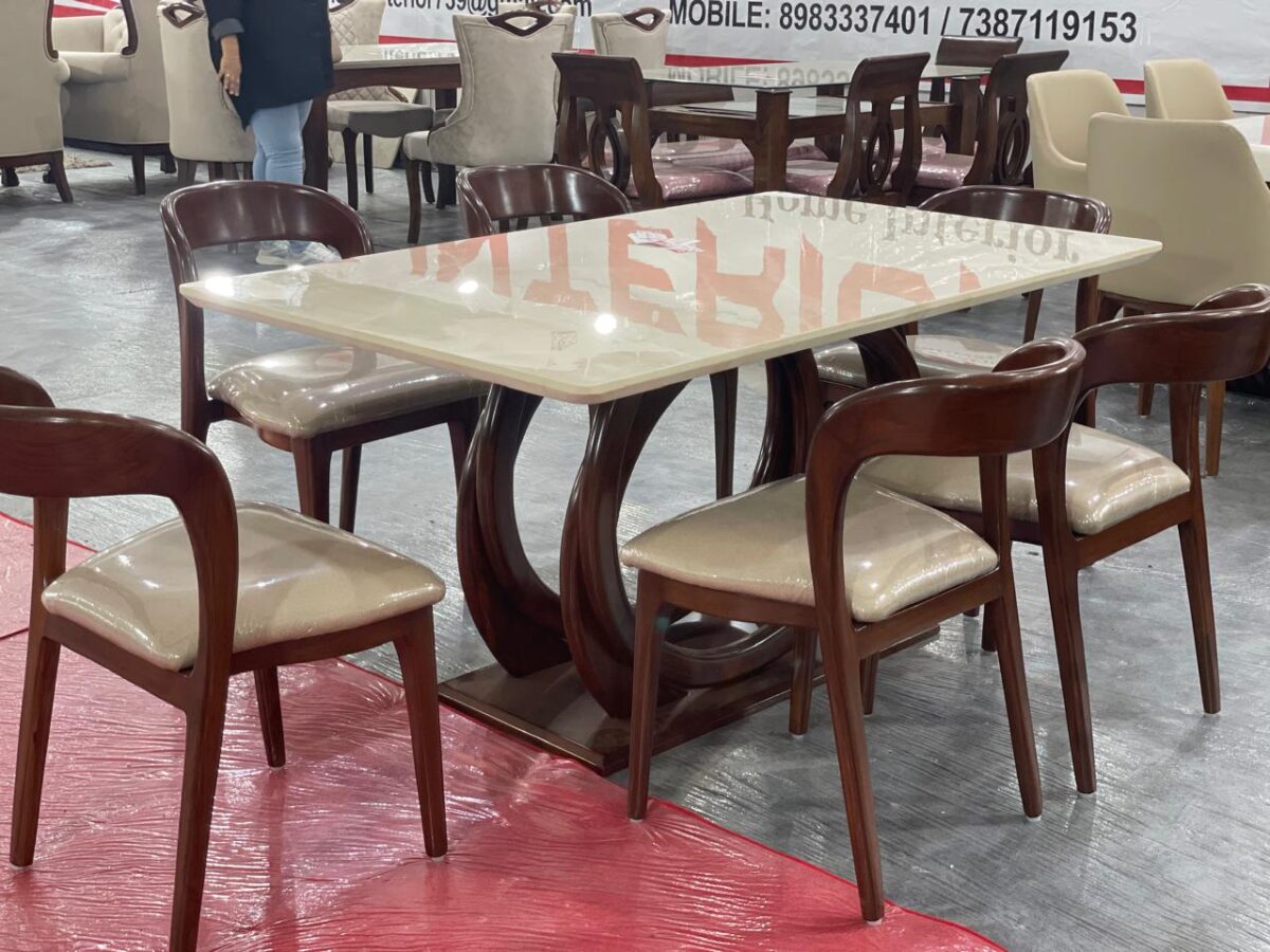 Classic 1+6 dining set with marble-finish table and padded wooden chairs.