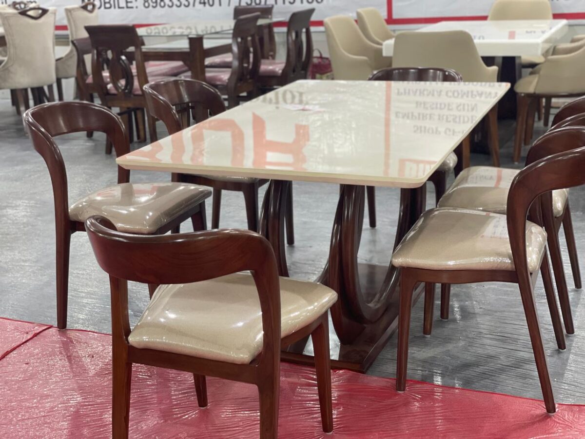 Classic 1+6 dining set with marble-finish table and padded wooden chairs