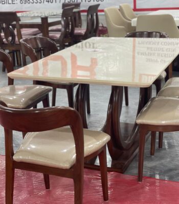 Classic 1+6 dining set with marble-finish table and padded wooden chairs