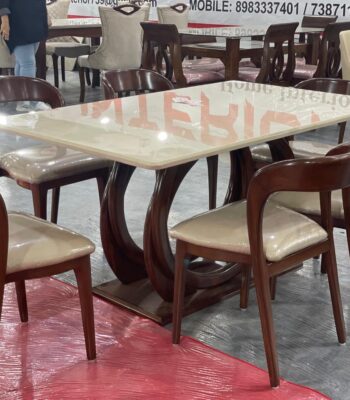 Classic 1+6 dining set with marble-finish table and padded wooden chairs.