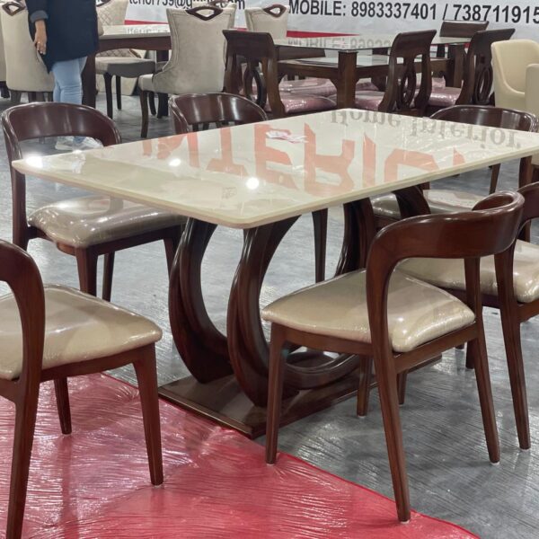 Classic 1+6 dining set with marble-finish table and padded wooden chairs.