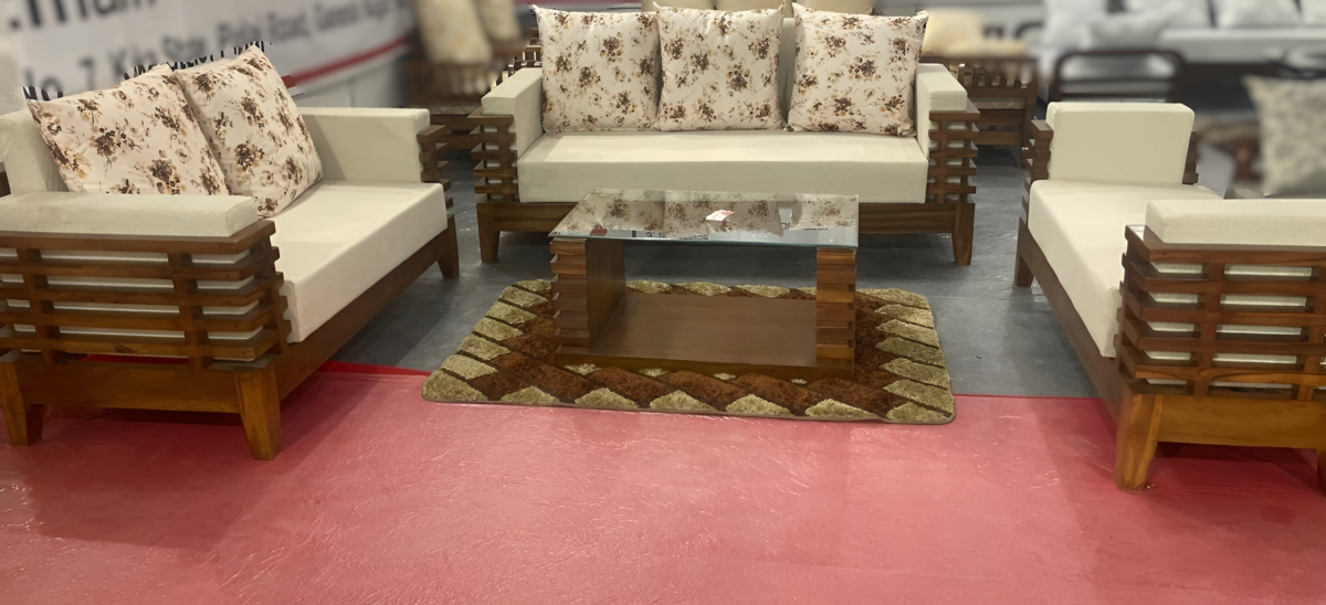 Modern wooden sofa set with horizontal slatted design, 3+2+2 seating, floral throw pillows, and a glass-top center table.