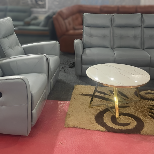 Rado Recliner 3+1+1 sofa set in gray leatherette, paired with luxurious marble-top coffee tables