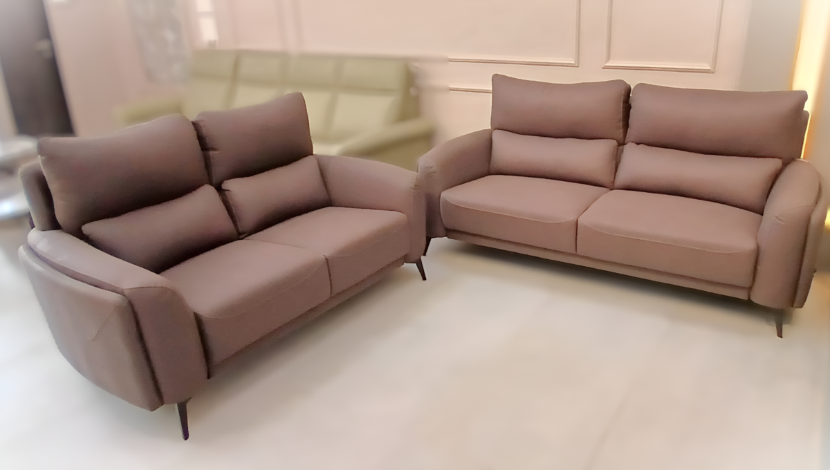 Modern 3+2 sofa set with minimalist design, featuring premium fabric upholstery and metal legs in a stylish living room setup.