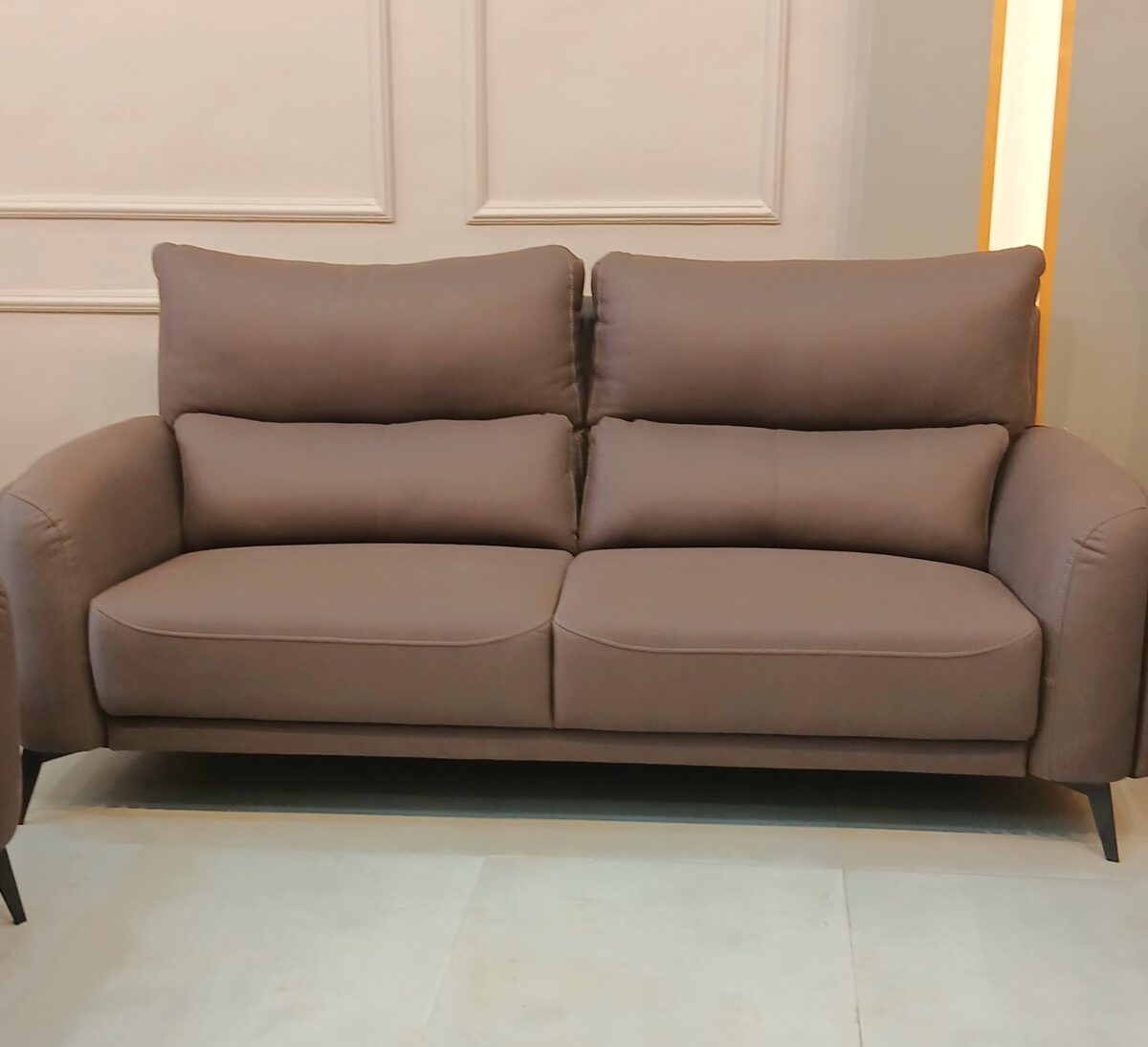 Modern 3+2 sofa set with minimalist design, featuring premium fabric upholstery and metal legs in a stylish living room setup