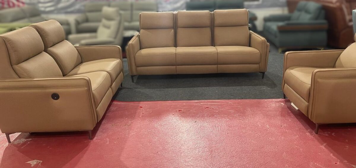 Opel Recliner Sofa Set 3+2+1 in tan leatherette with sleek metallic legs.