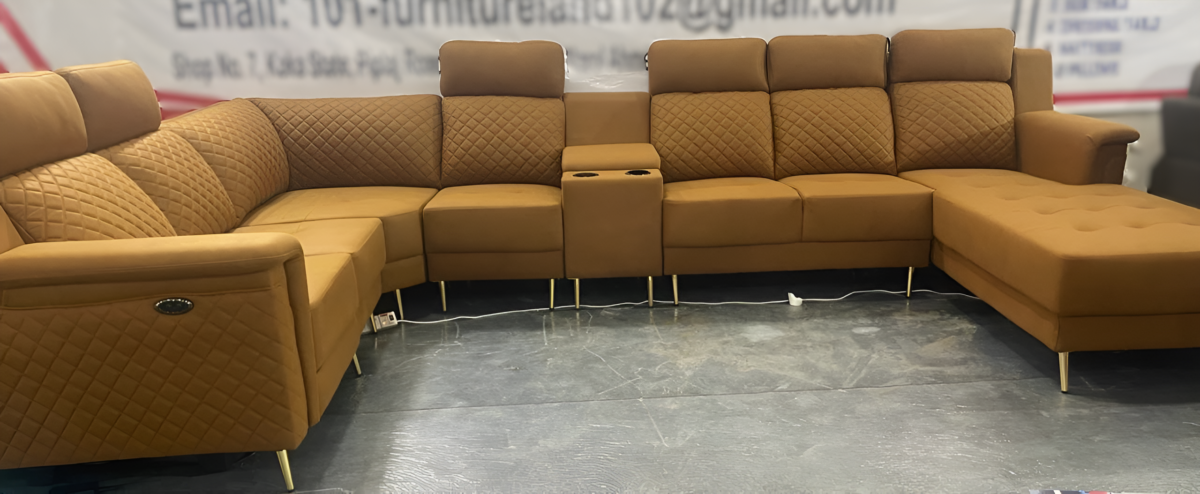 Bently C Shape sofa set with recliners in a modern living room setting, featuring premium upholstery and sleek metallic legs